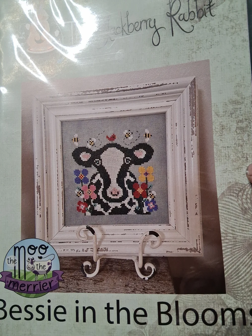 The Moo the Merrier Bessie in the Blooms Cross Stitch Pattern- Black & White